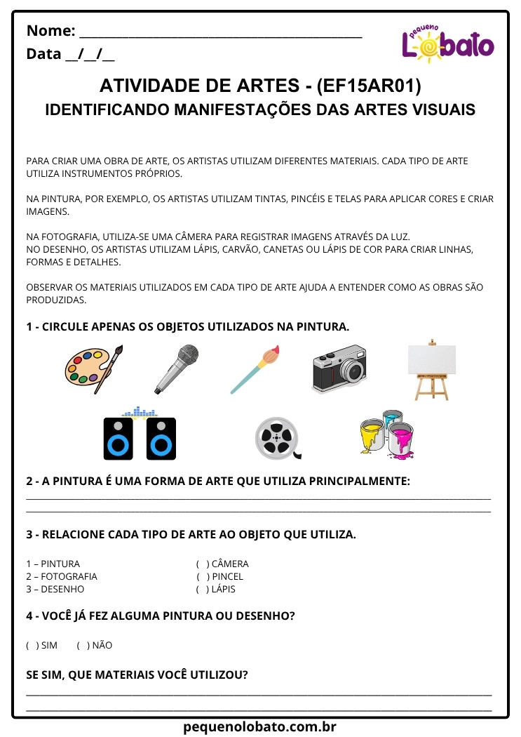 Atividade de Arte 1º ao 5º Ano sobre Materiais e Objetos Utilizados nas Artes Visuais (EF15AR01)