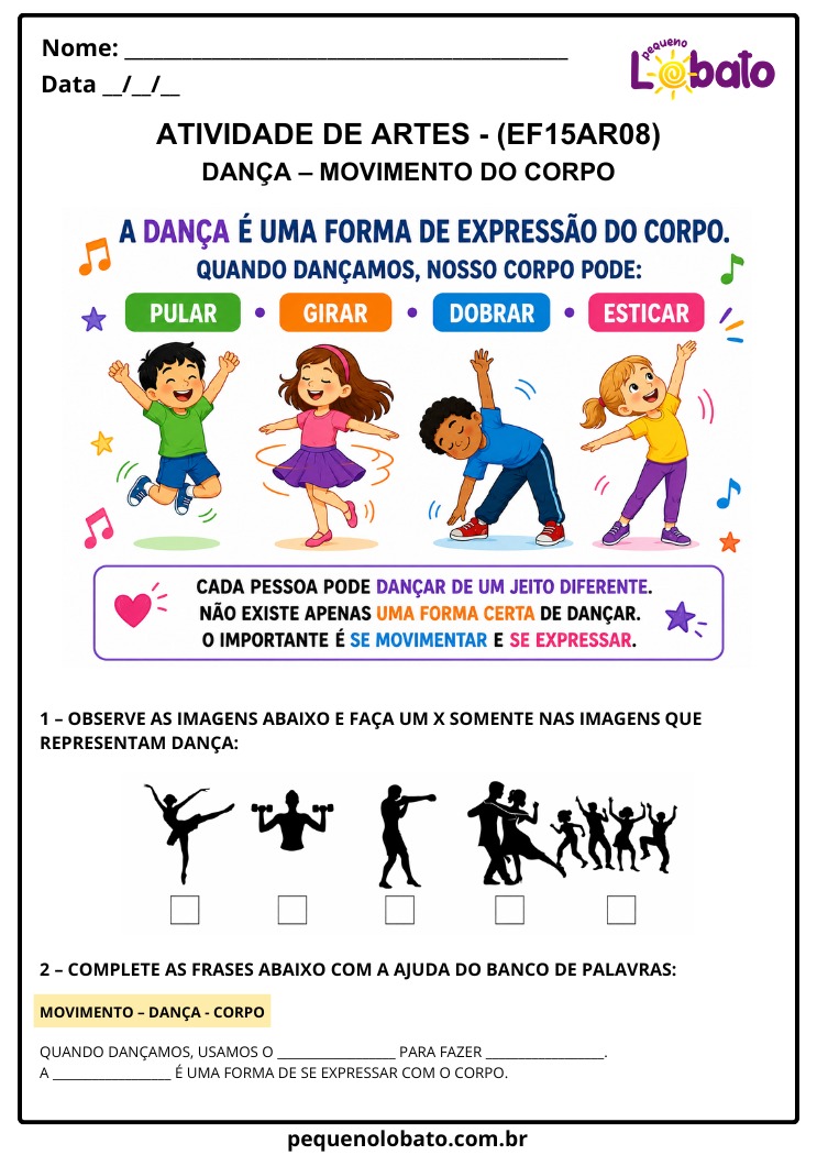 Atividade de Arte 1º ao 5º Ano sobre Movimento do Corpo na Dança (EF15AR08)