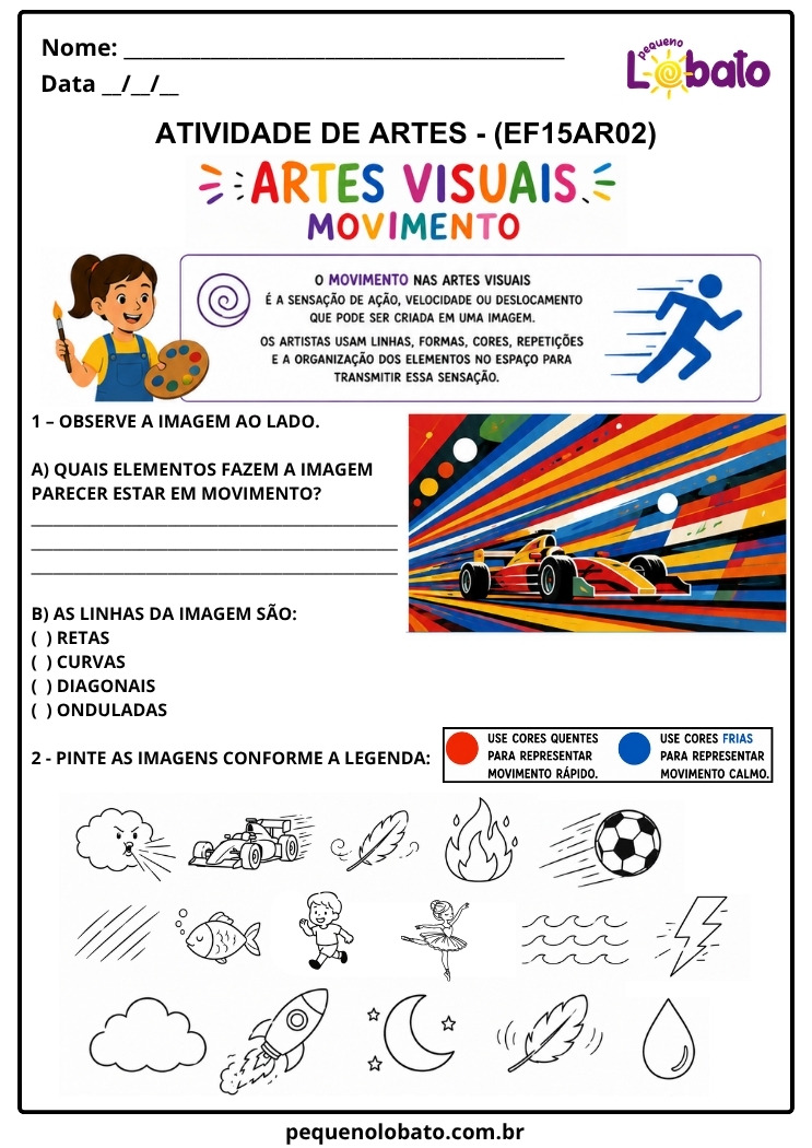 Atividade de Arte 1º ao 5º Ano sobre Movimento nas Artes Visuais (EF15AR02)