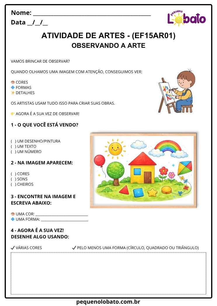 Atividade de Arte 1º ao 5º Ano sobre Observação de Cores, Formas e Elementos das Artes Visuais (EF15AR01)
