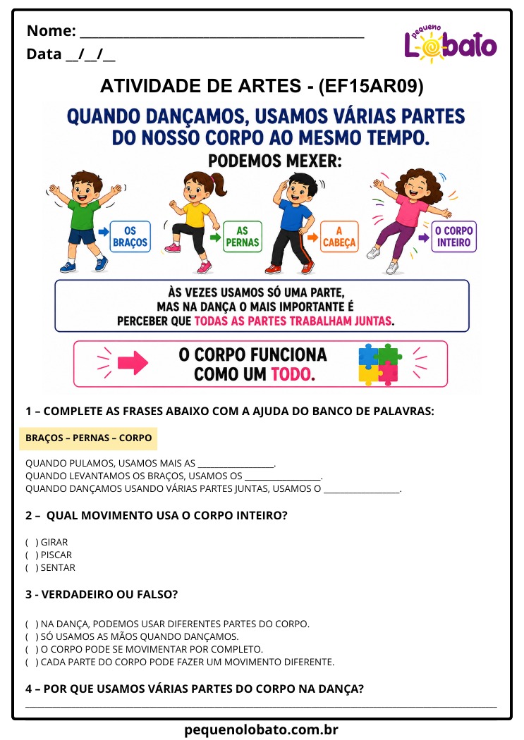 Atividade de Arte 1º ao 5º Ano sobre Partes do Corpo e Movimento na Dança (EF15AR09)