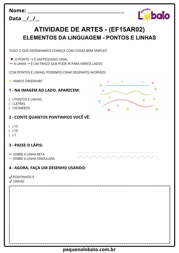 Atividade de Arte 1º ao 5º Ano sobre Pontos e Linhas nas Artes Visuais (EF15AR02)