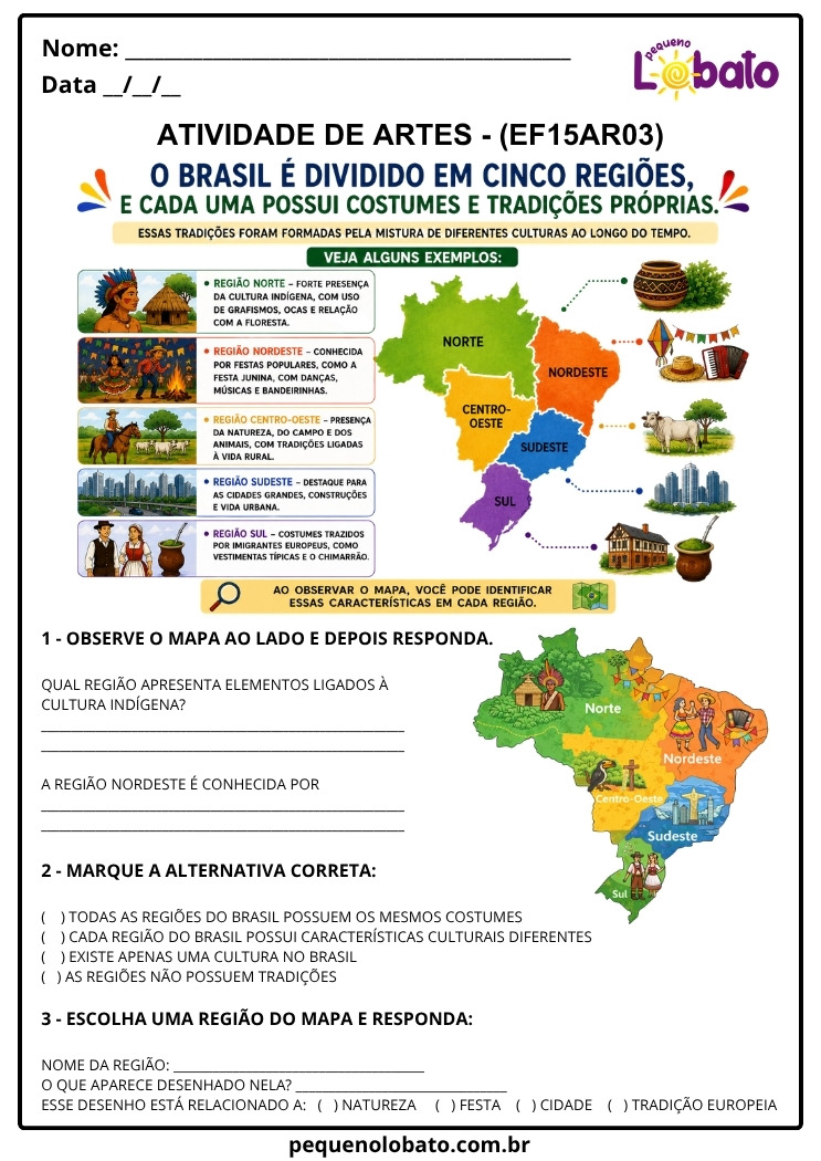 Atividade de Arte 1º ao 5º Ano sobre Regiões do Brasil e Diversidade Cultural nas Artes Visuais (EF15AR03)