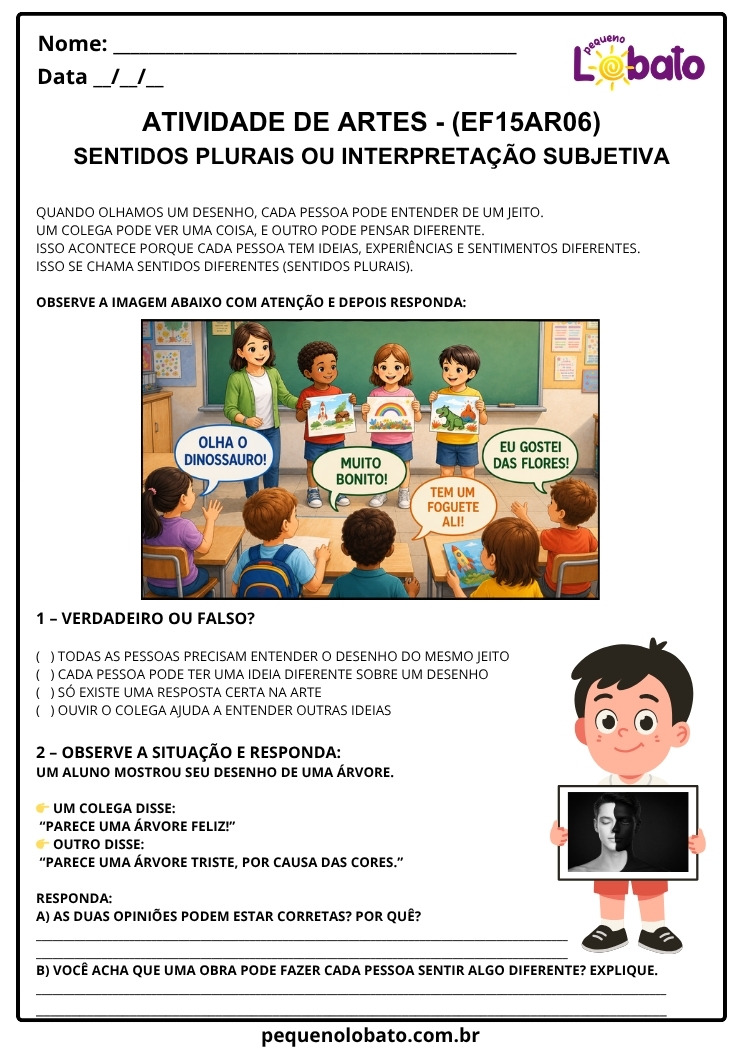 Atividade de Arte 1º ao 5º Ano sobre Sentidos Plurais nas Artes Visuais (EF15AR06)