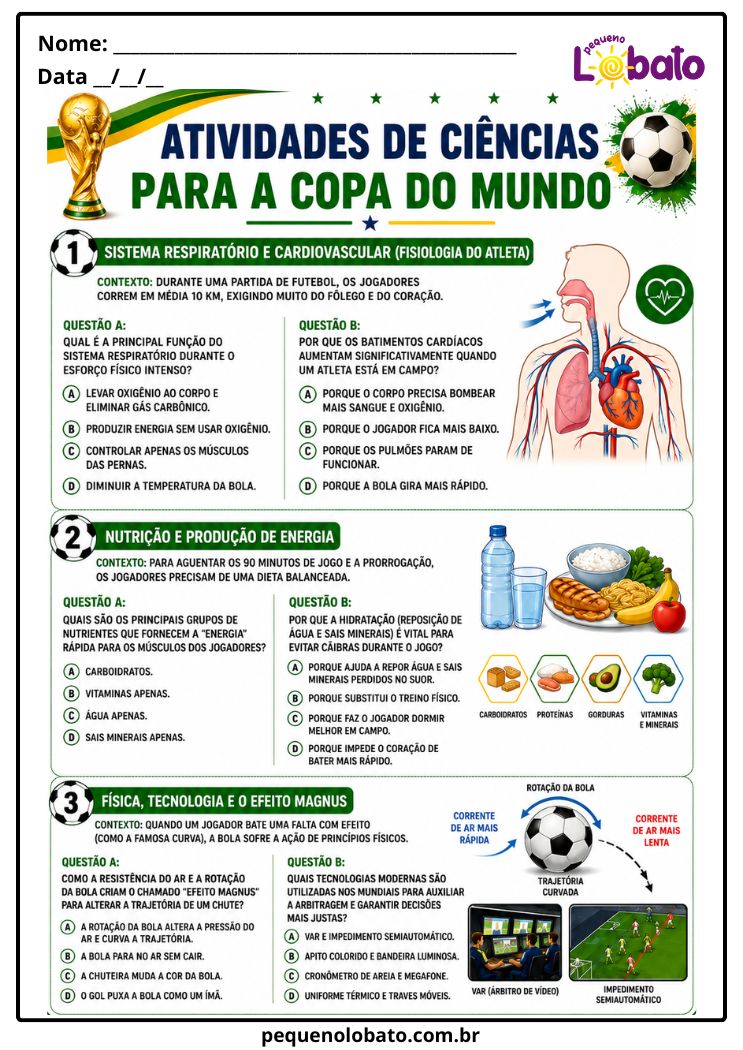 Atividade da Copa do Mundo 2026 de Ciências com Sistema Respiratório e Cardiovascular, Fisiologia do Atleta, Nutrição, Produção de Energia, Tecnologia e Efeito Magnus Pequeno Lobato