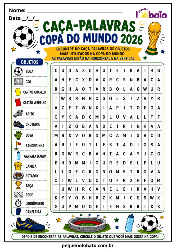 Atividade da Copa do Mundo 2026 com Caça-Palavras de Objetos do Futebol, Palavras na Horizontal e Vertical, Vocabulário Temático e Desenho Pequeno Lobato