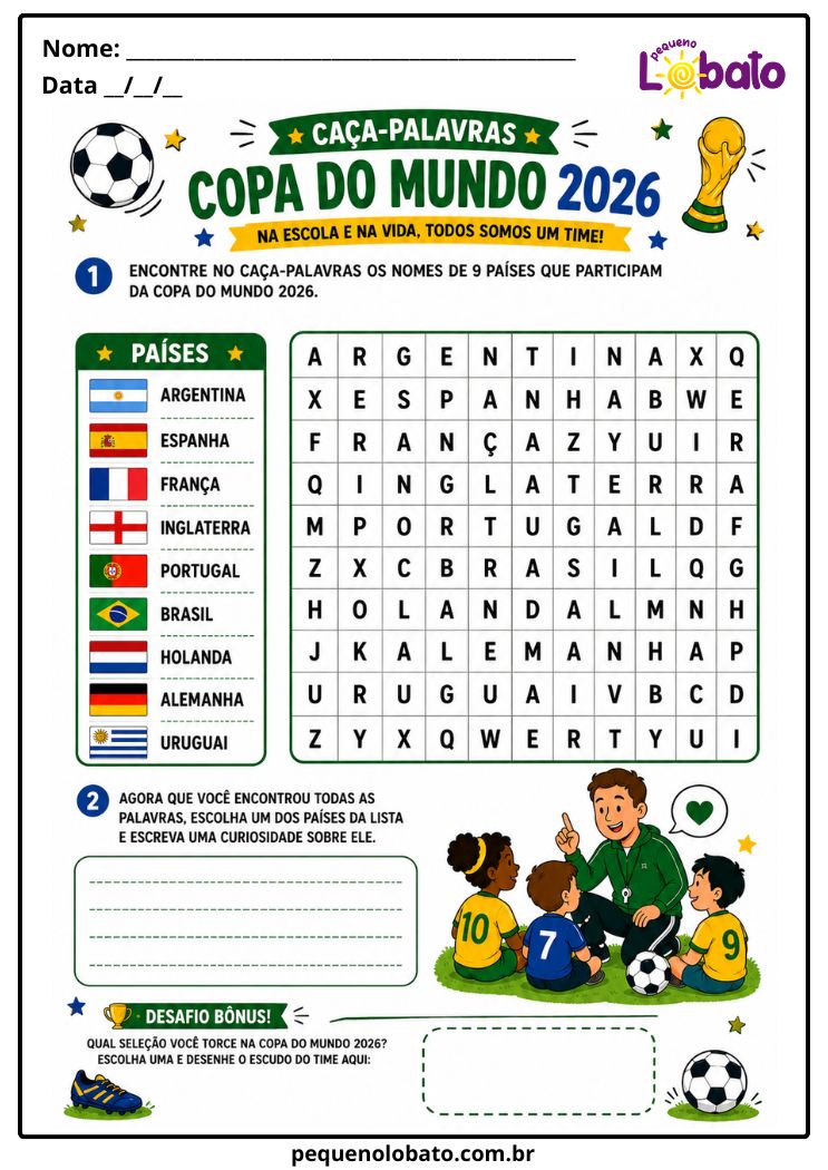 Atividade da Copa do Mundo 2026 com Caça-Palavras de Países, Seleções, Escrita, Curiosidade e Desenho Pequeno Lobato