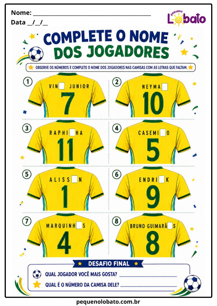 Atividade da Copa do Mundo 2026 de Alfabetização com Nome dos Jogadores, Letras que Faltam Pequeno Lobato