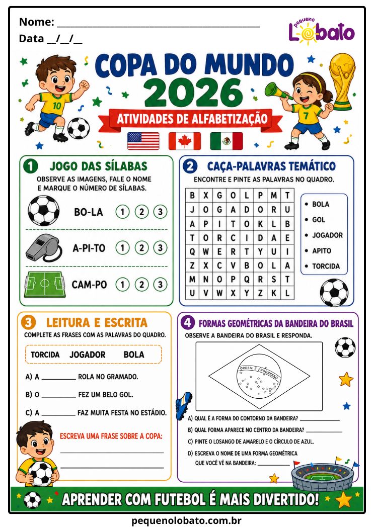 Atividade da Copa do Mundo 2026 de Alfabetização com Sílabas, Caça-Palavras, Bandeira do Brasil e Formas Geométricas Pequeno Lobato