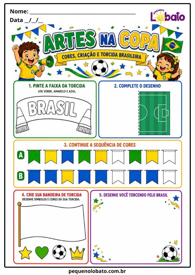 Atividade da Copa do Mundo 2026 de Artes com Pintura, Sequência de Cores, Bandeira da Torcida, Desenho e Criação Pequeno Lobato
