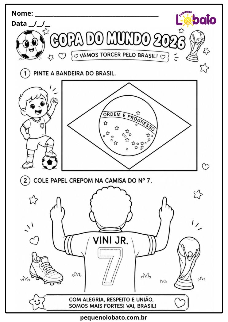 Atividade da Copa do Mundo 2026 de Artes para Pintar a Bandeira do Brasil e Colagem com Papel Crepom na Camisa do Vini Jr Pequeno Lobato