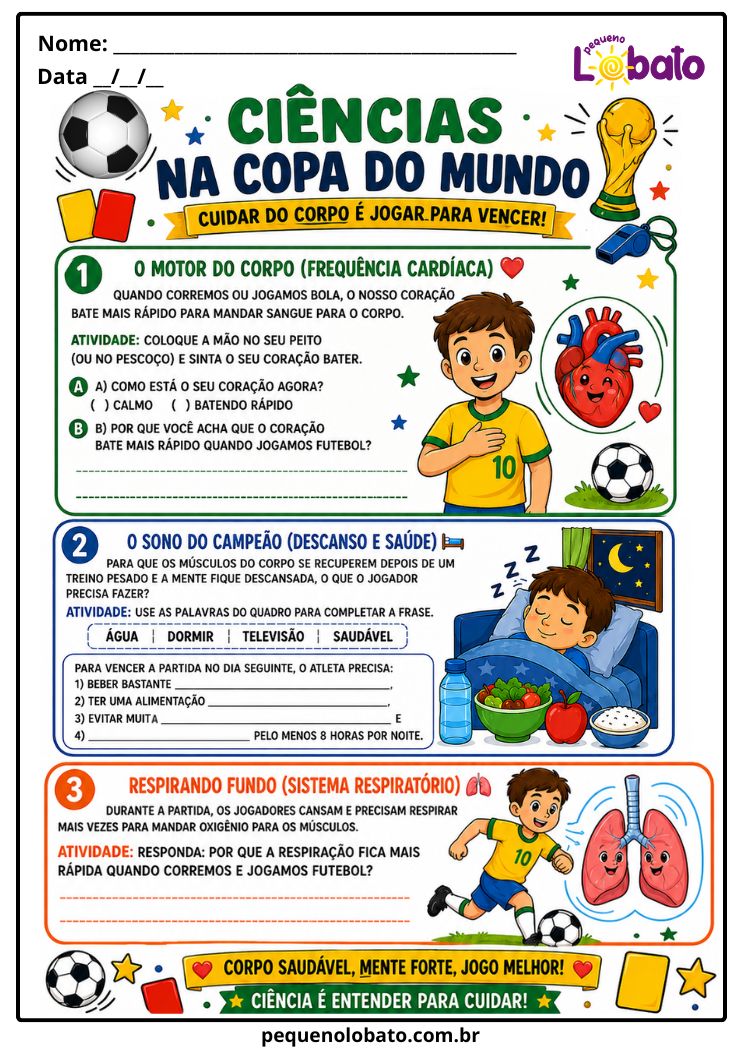 Atividade da Copa do Mundo 2026 de Ciências com Frequência Cardíaca, Sono do Campeão, Sistema Respiratório e Corpo Saudável Pequeno Lobato