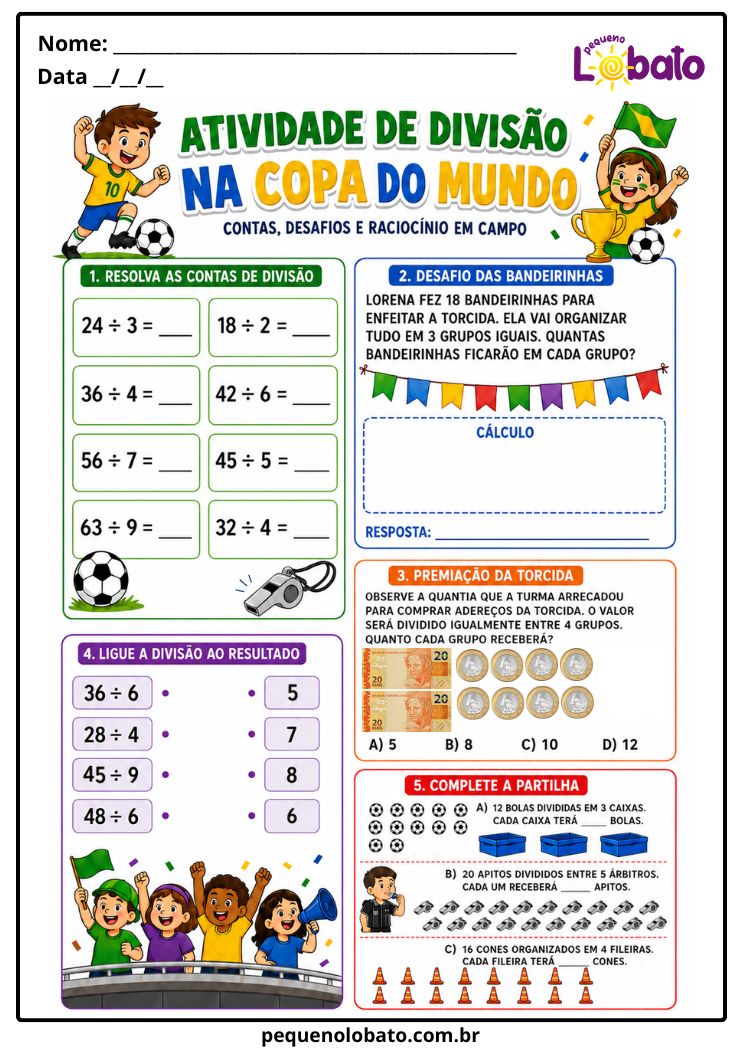 Atividade da Copa do Mundo 2026 de Divisão com Contas, Partilha, Raciocínio Matemático e Probleminhas Pequeno Lobato