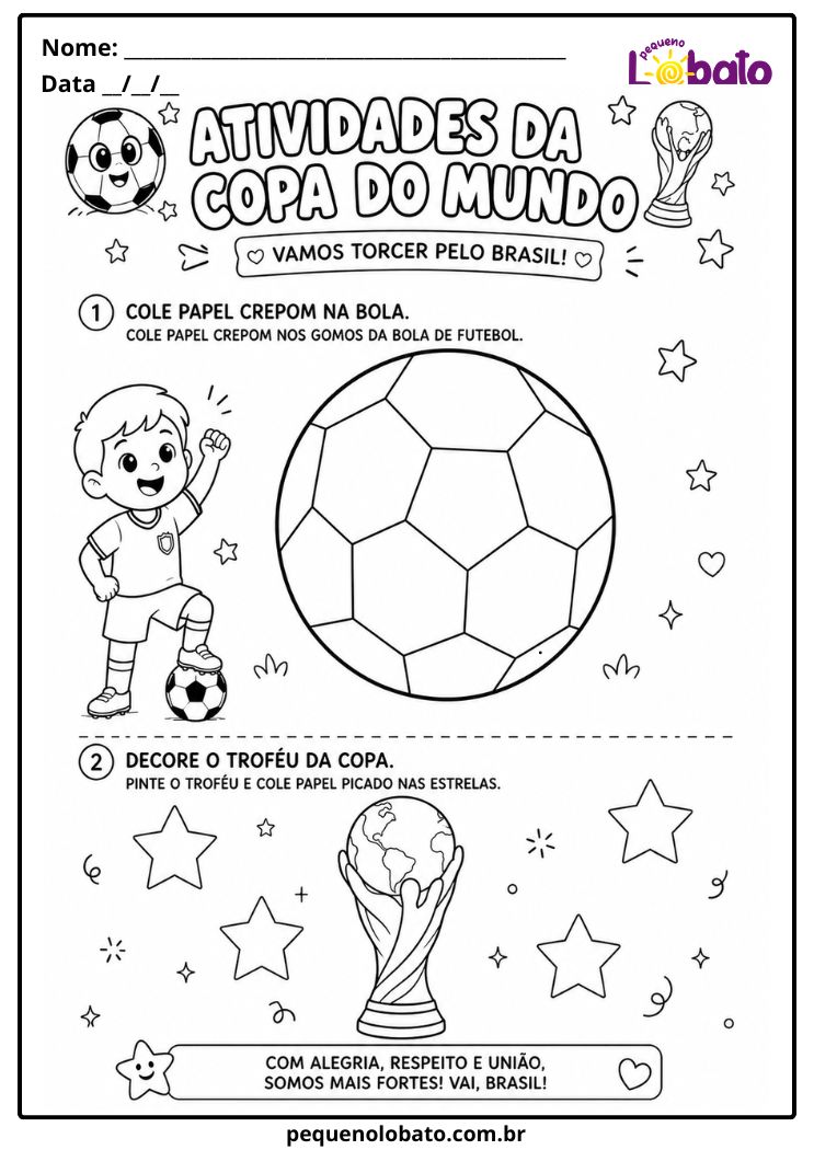 Atividade da Copa do Mundo 2026 de Educação Infantil com Colagem de Papel Crepom na Bola, Decoração do Troféu e Pintura para Crianças Pequeno Lobato