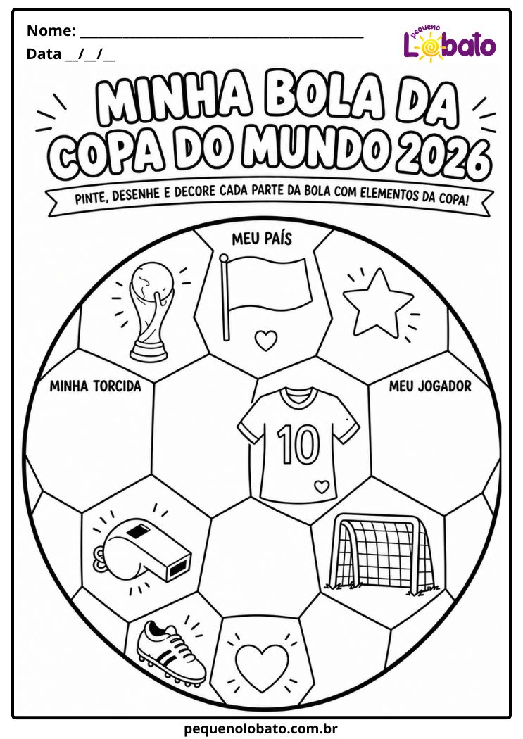 Atividade da Copa do Mundo 2026 de Educação Infantil para Colorir, Desenhar e Decorar a Bola com Elementos do Futebol Pequeno Lobato