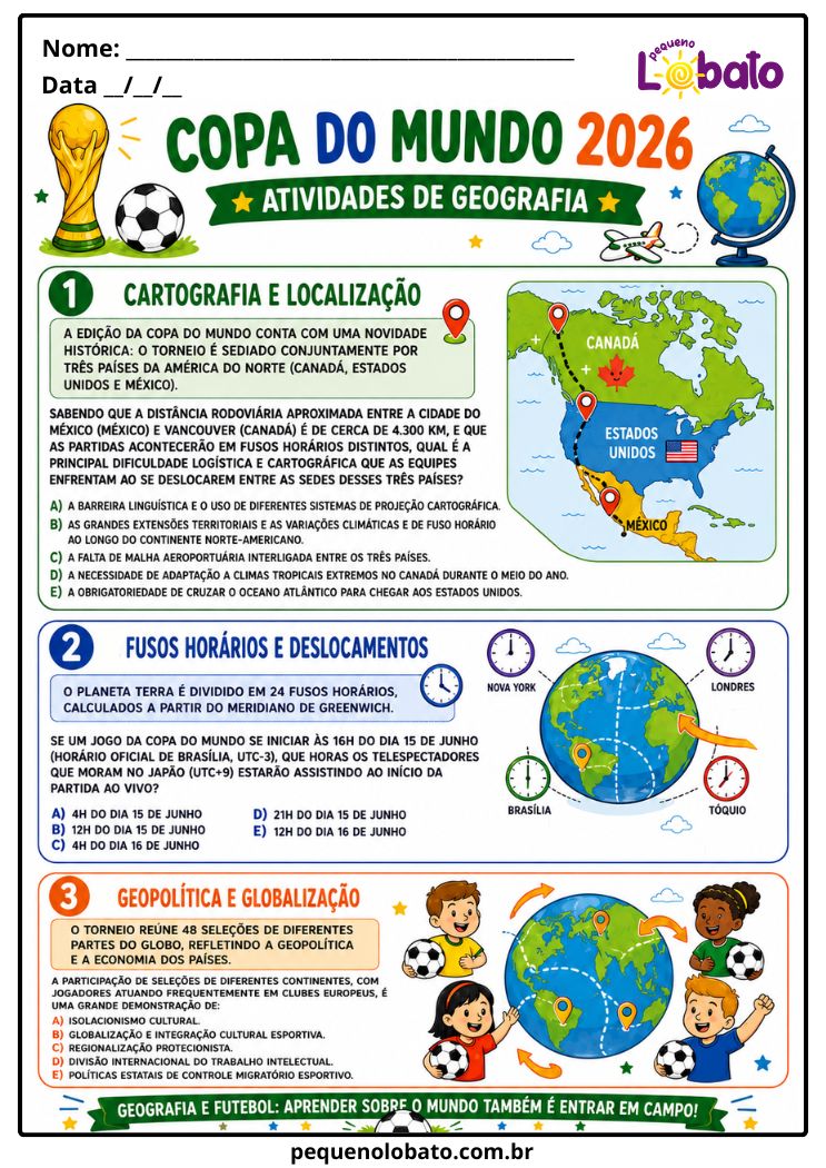 Atividade da Copa do Mundo 2026 de Geografia com Cartografia, Localização, Fusos Horários, Deslocamentos, Geopolítica e Globalização Pequeno Lobato