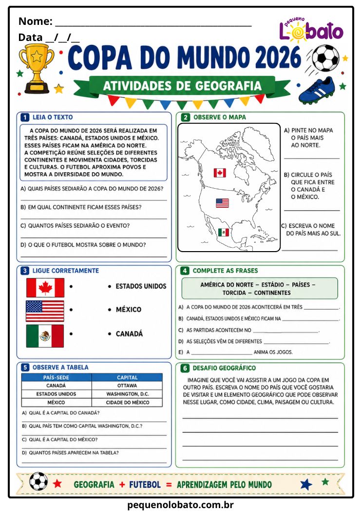 Atividade da Copa do Mundo 2026 de Geografia com Países-Sede, Mapa, Continentes, Bandeiras, Capitais e América do Norte Pequeno Lobato