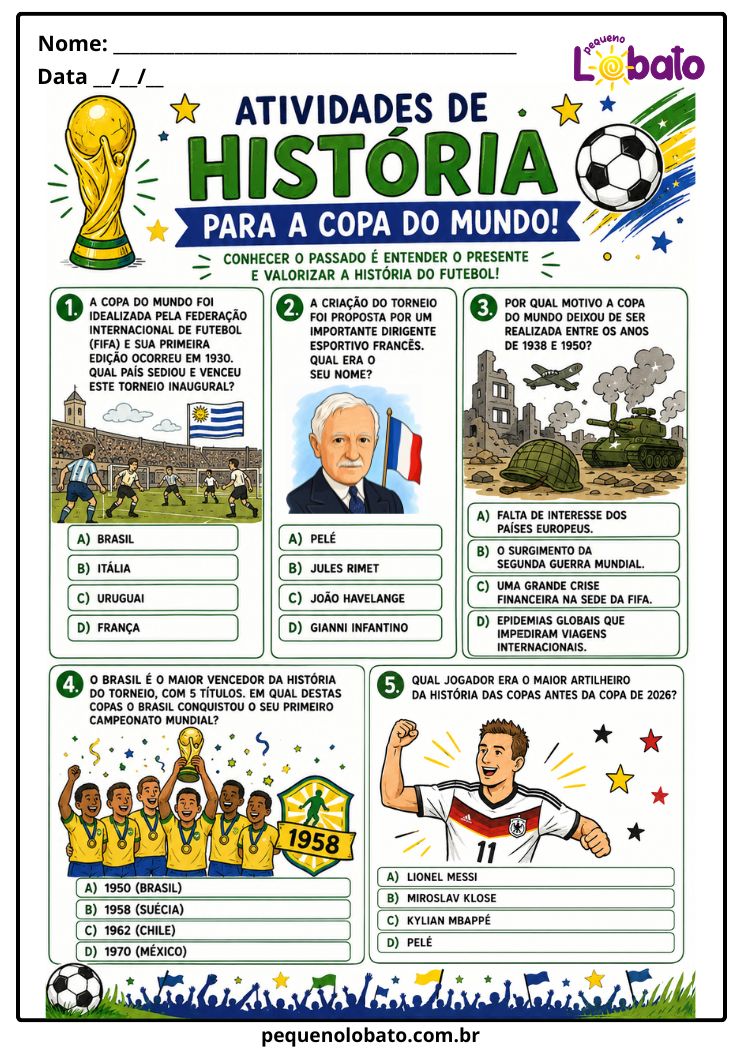Atividade da Copa do Mundo 2026 de História com Origem do Torneio, Primeira Copa, Títulos do Brasil, Maior Vencedor e Artilheiro Pequeno Lobato