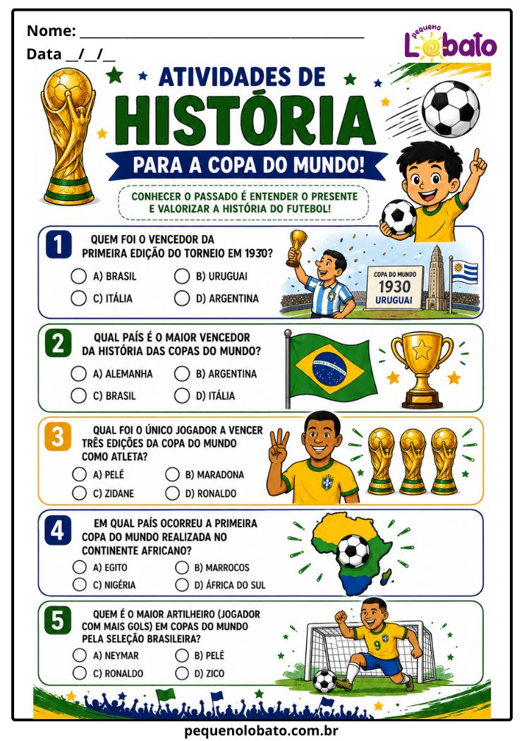 Atividade da Copa do Mundo 2026 de História com Perguntas, Curiosidades, Primeira Copa, Maior Vencedor, Continente Africano e Artilheiro Brasileiro Pequeno Lobato