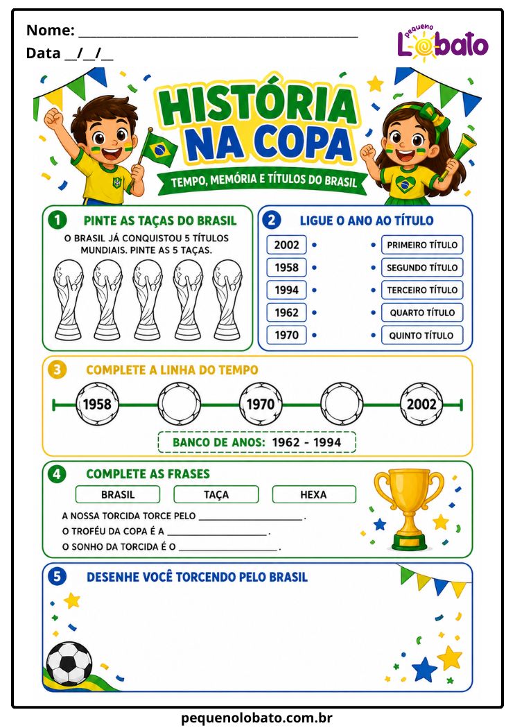 Atividade da Copa do Mundo 2026 de História com Títulos do Brasil, Taças, Linha do Tempo, Ano das Copas e Frases Pequeno Lobato