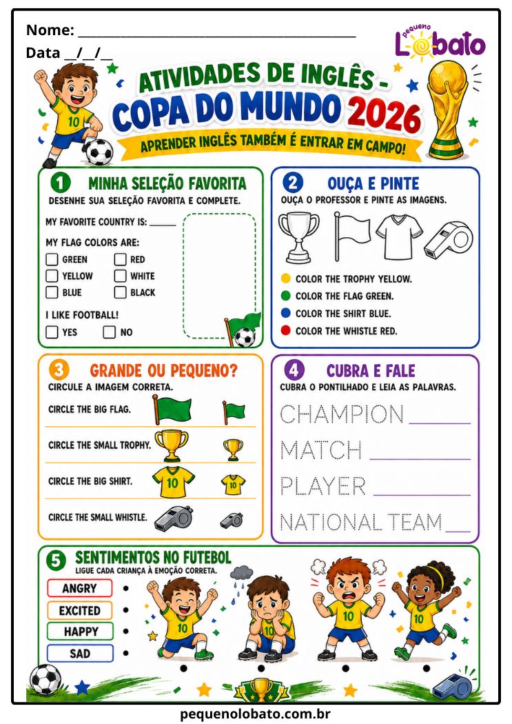 Atividade da Copa do Mundo 2026 de Inglês com Seleção Favorita, Cores, Vocabulário, Grande e Pequeno, Sentimentos no Futebol e Cubra as Palavras Pequeno Lobato