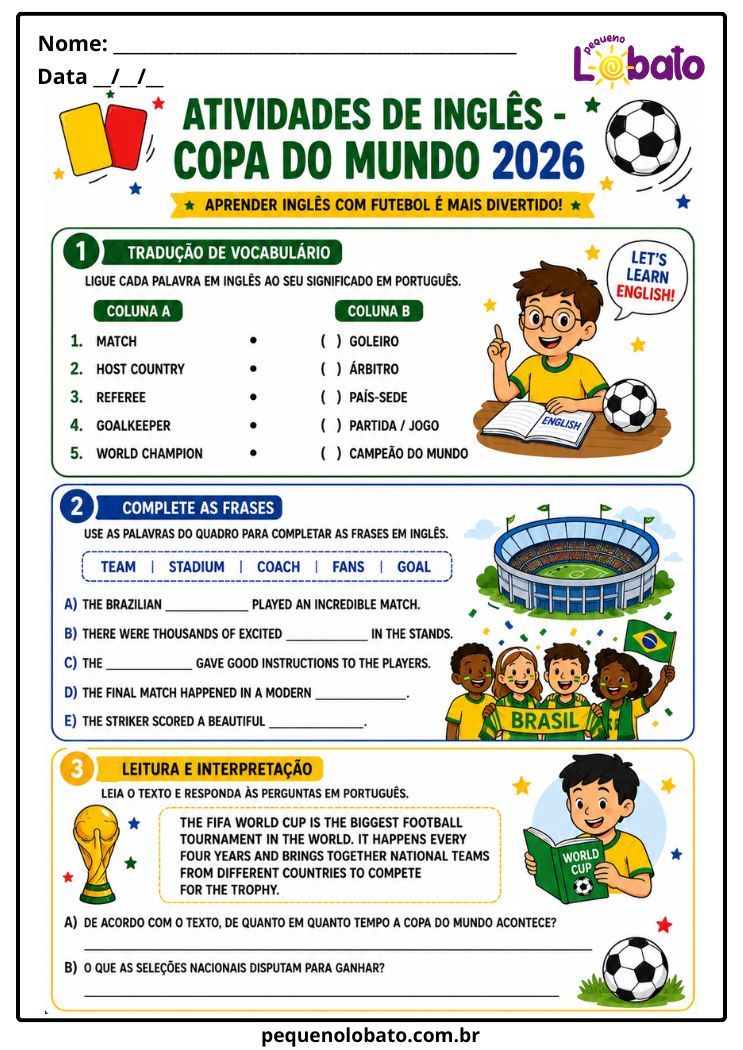 Atividade da Copa do Mundo 2026 de Inglês com Tradução de Vocabulário, Complete as Frases, Leitura e Interpretação de Texto Pequeno Lobato