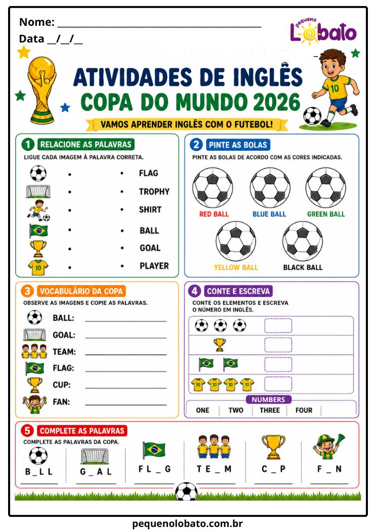 Atividade da Copa do Mundo 2026 de Inglês com Vocabulário, Palavras, Cores, Números, Relacione, Conte e Complete Pequeno Lobato