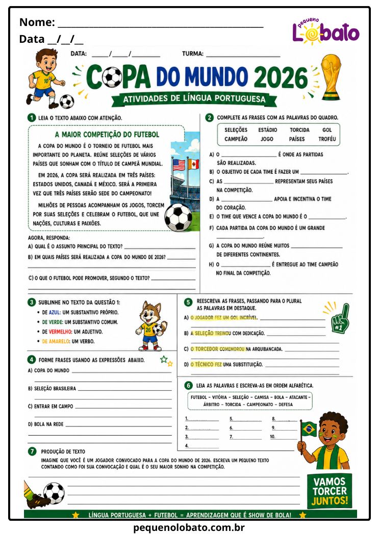 Atividade da Copa do Mundo 2026 de Língua Portuguesa com Interpretação de Texto, Frases, Plural, Ordem Alfabética e Produção de Texto Pequeno Lobato