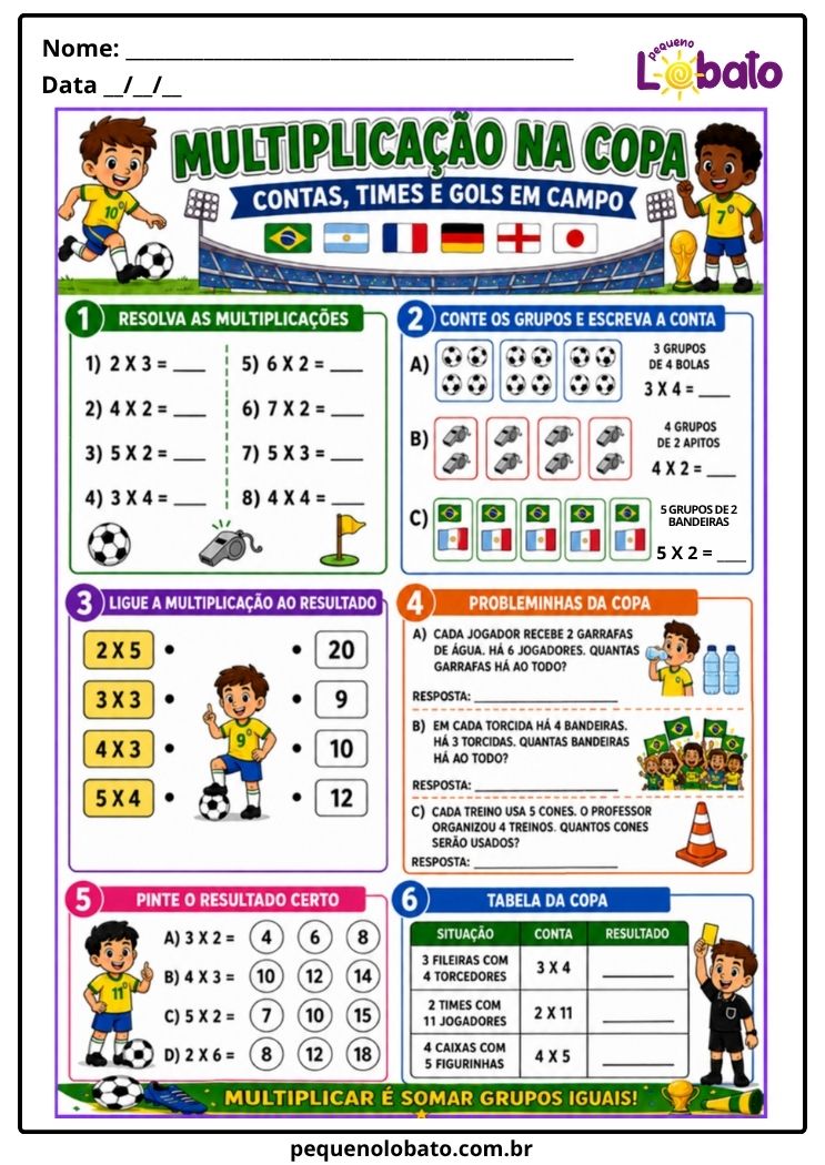 Atividade da Copa do Mundo 2026 de Multiplicação com Contas, Grupos, Resultados, Tabela e Probleminhas para Crianças Pequeno Lobato