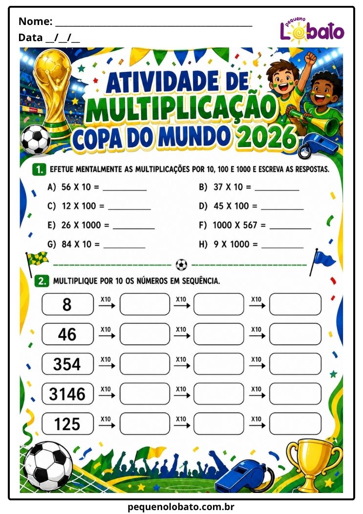 Atividade da Copa do Mundo 2026 de Multiplicação por 10, 100 e 1000 para Crianças Pequeno Lobato