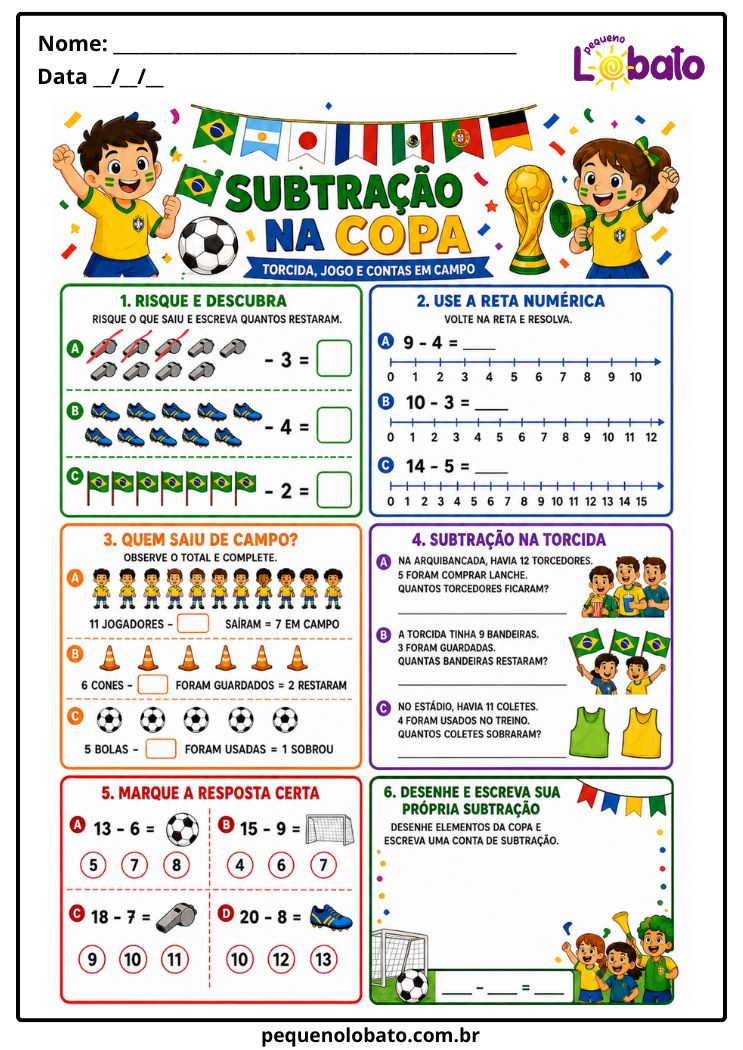 Atividade da Copa do Mundo 2026 de Subtração com Reta Numérica, Contas e Probleminhas Pequeno Lobato