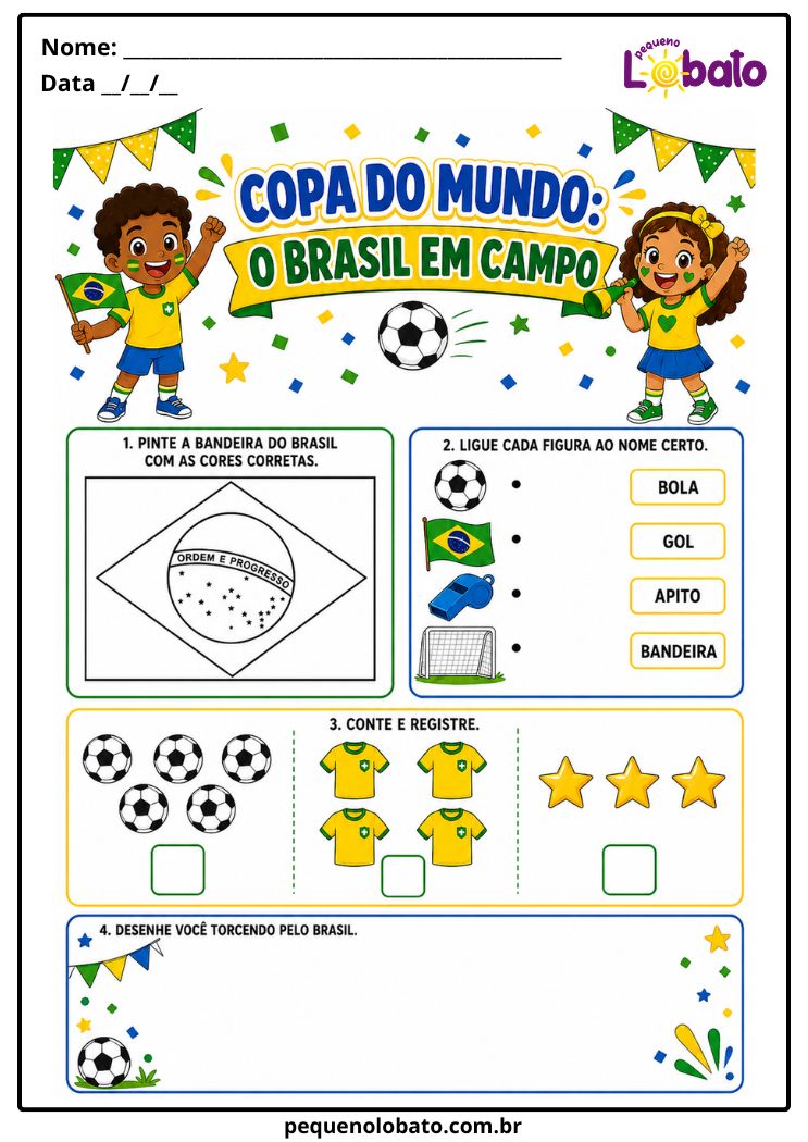 Atividade da Copa do Mundo 2026 para Educação Infantil com Bandeira do Brasil Pequeno Lobato