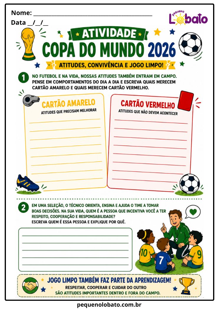 Atividade da Copa do Mundo 2026 sobre Jogo Limpo, Atitudes, Convivência, Cartão Amarelo e Cartão Vermelho Pequeno Lobato