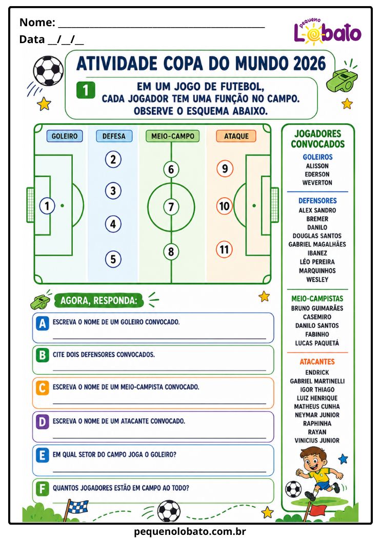 Atividade da Copa do Mundo 2026 sobre Posições dos Jogadores no Futebol, Função no Campo, Goleiro, Defesa, Meio-Campo, Ataque e Jogadores Convocados Pequeno Lobato