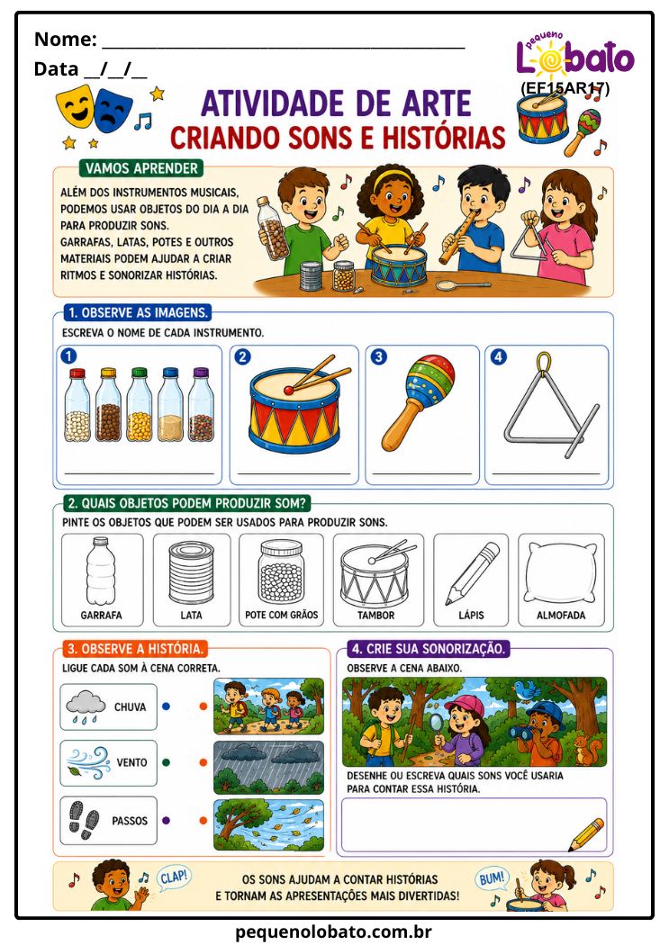 Atividade de Arte 1º ao 5º Ano com Sonorização de Histórias e Objetos Sonoros (EF15AR17)