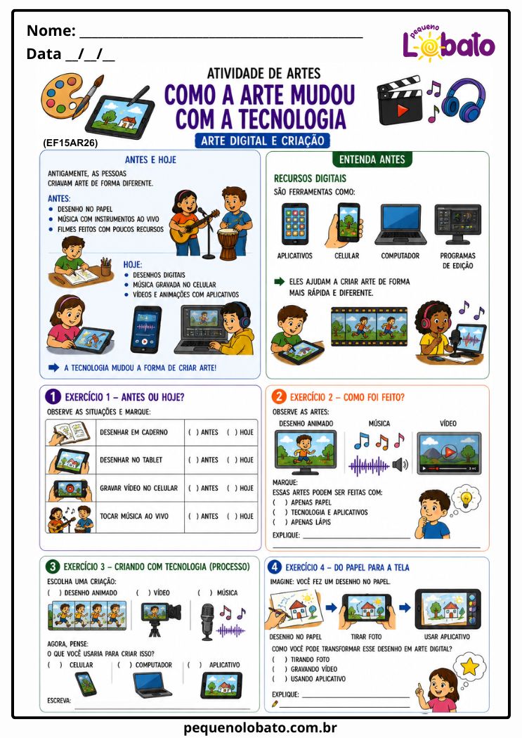 Atividade de Arte 1º ao 5º Ano sobre Arte Digital e Transformação Tecnológica nas Artes Integradas (EF15AR26)