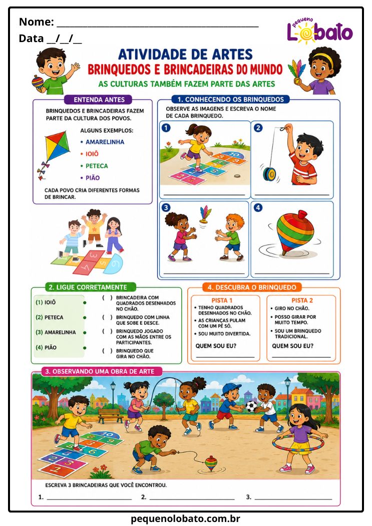Atividade de Arte 1º ao 5º Ano sobre Brinquedos e Brincadeiras Tradicionais de Diferentes Culturas (EF15AR24)