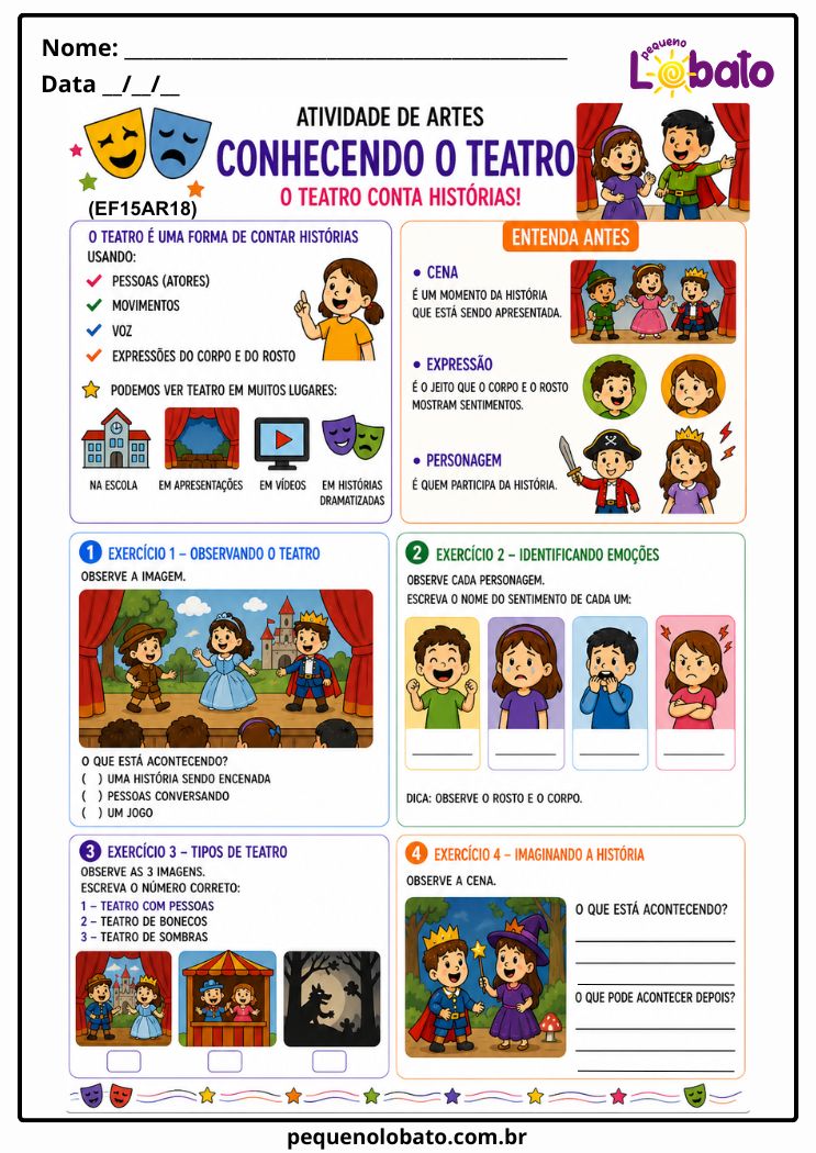 Atividade de Arte 1º ao 5º Ano sobre Conhecendo o Teatro e Histórias Dramatizadas (EF15AR18)