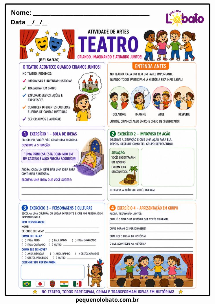 Atividade de Arte 1º ao 5º Ano sobre Criação de Histórias e Improvisação no Teatro (EF15AR20)