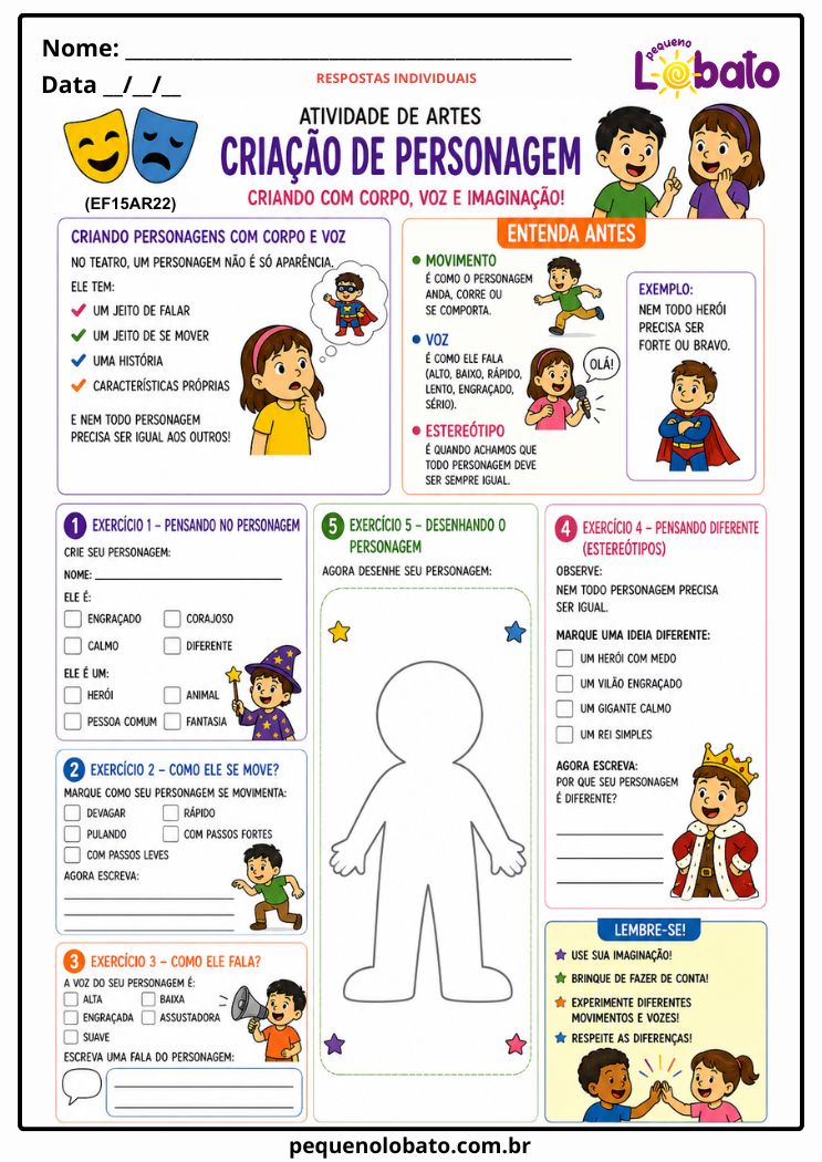 Atividade de Arte 1º ao 5º Ano sobre Criação de Personagens com Movimento e Voz (EF15AR22)