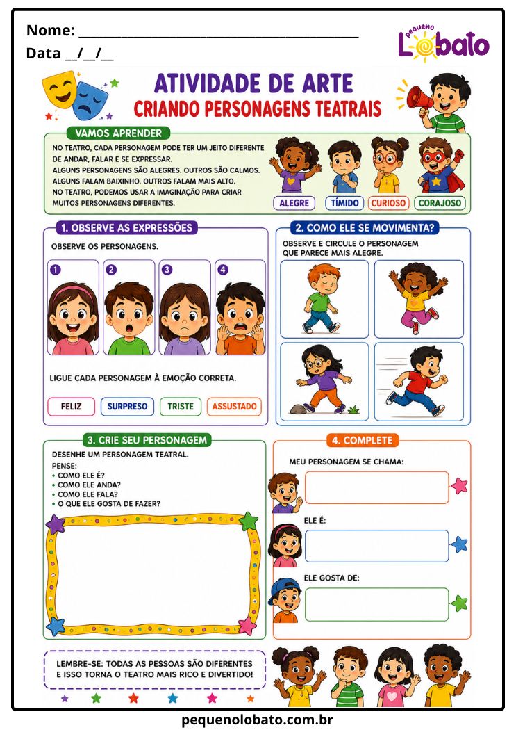 Atividade de Arte 1º ao 5º Ano sobre Emoções e Características dos Personagens Teatrais (EF15AR22)