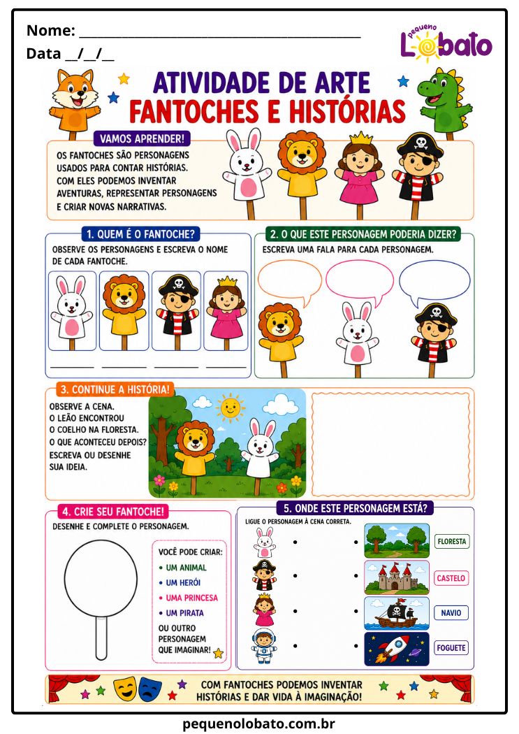 Atividade de Arte 1º ao 5º Ano sobre Fantoches e Criação de Histórias no Teatro (EF15AR22)