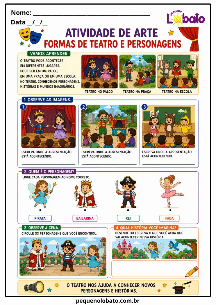 Atividade de Arte 1º ao 5º Ano sobre Formas de Teatro e Personagens Teatrais (EF15AR18)