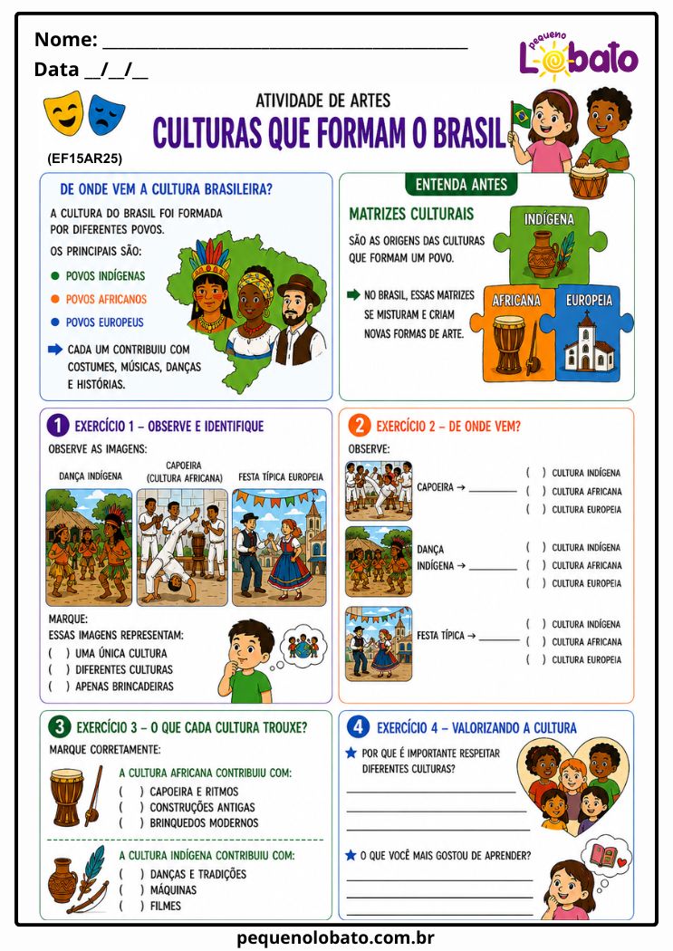 Atividade de Arte 1º ao 5º Ano sobre Matrizes Culturais que Formam a Cultura Brasileira nas Artes Integradas (EF15AR25)