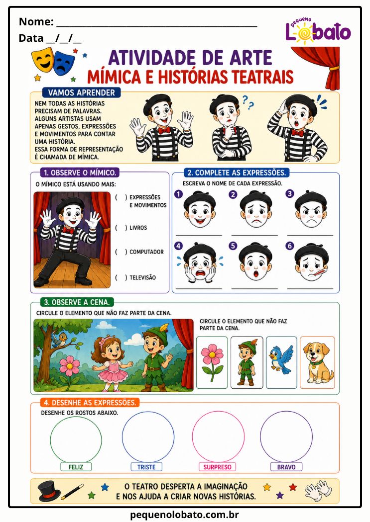 Atividade de Arte 1º ao 5º Ano sobre Mímica e Expressão Corporal no Teatro (EF15AR18)