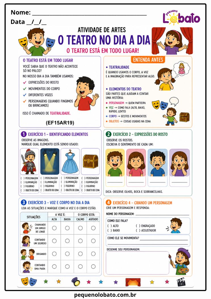 Atividade de Arte 1º ao 5º Ano sobre Teatralidade no Dia a Dia (EF15AR19)