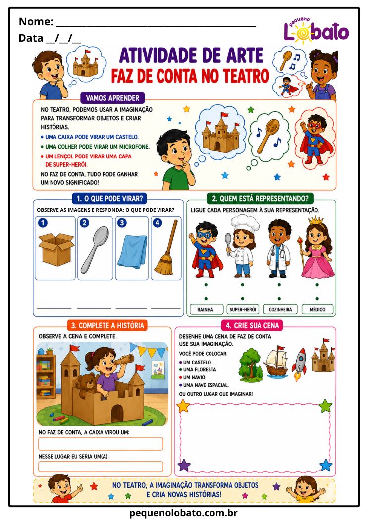 Atividade de Arte 1º ao 5º Ano sobre Transformação de Objetos no Faz de Conta Teatral (EF15AR21)