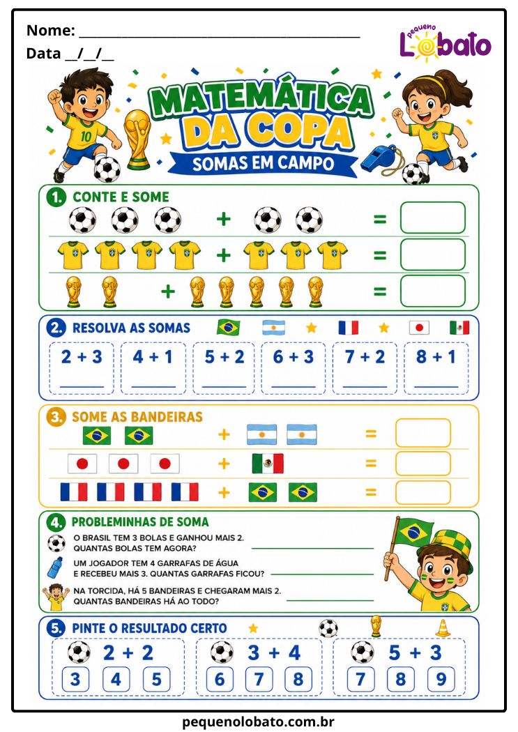 Atividade de Matemática da Copa do Mundo com Somas, Contagem e Probleminhas para Crianças Pequeno Lobato