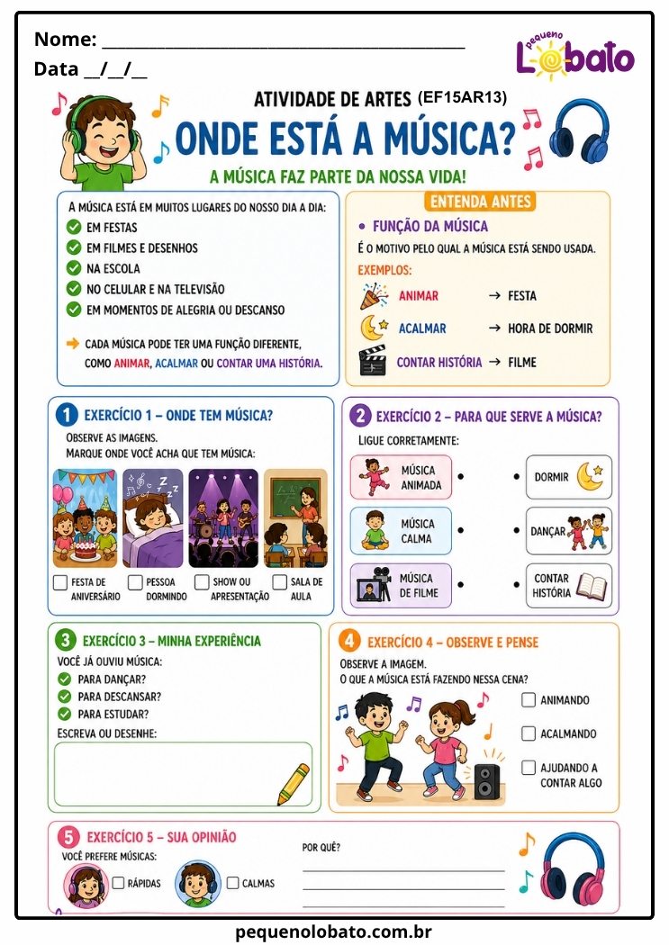 Atividade de Arte para o 1º Ano sobre A Música no Nosso Dia a Dia (EF15AR13)
