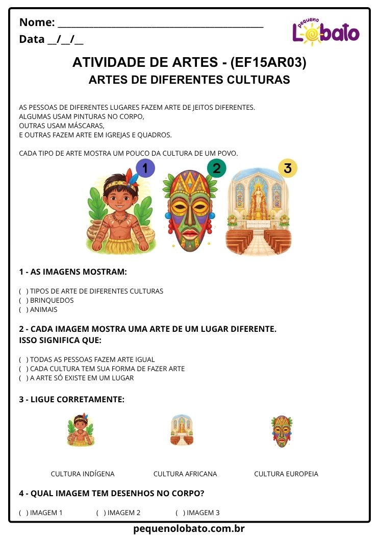 Atividade de Arte para o 1º Ano sobre Artes de Diferentes Culturas (EF15AR03)